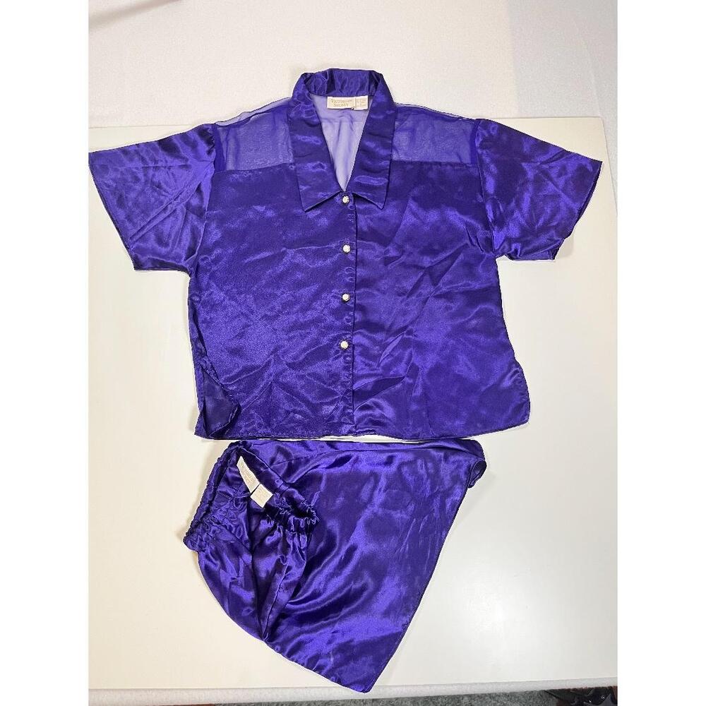Victorias Secret Pajama Set Womens Small Purple Satin Button Shirt Shorts